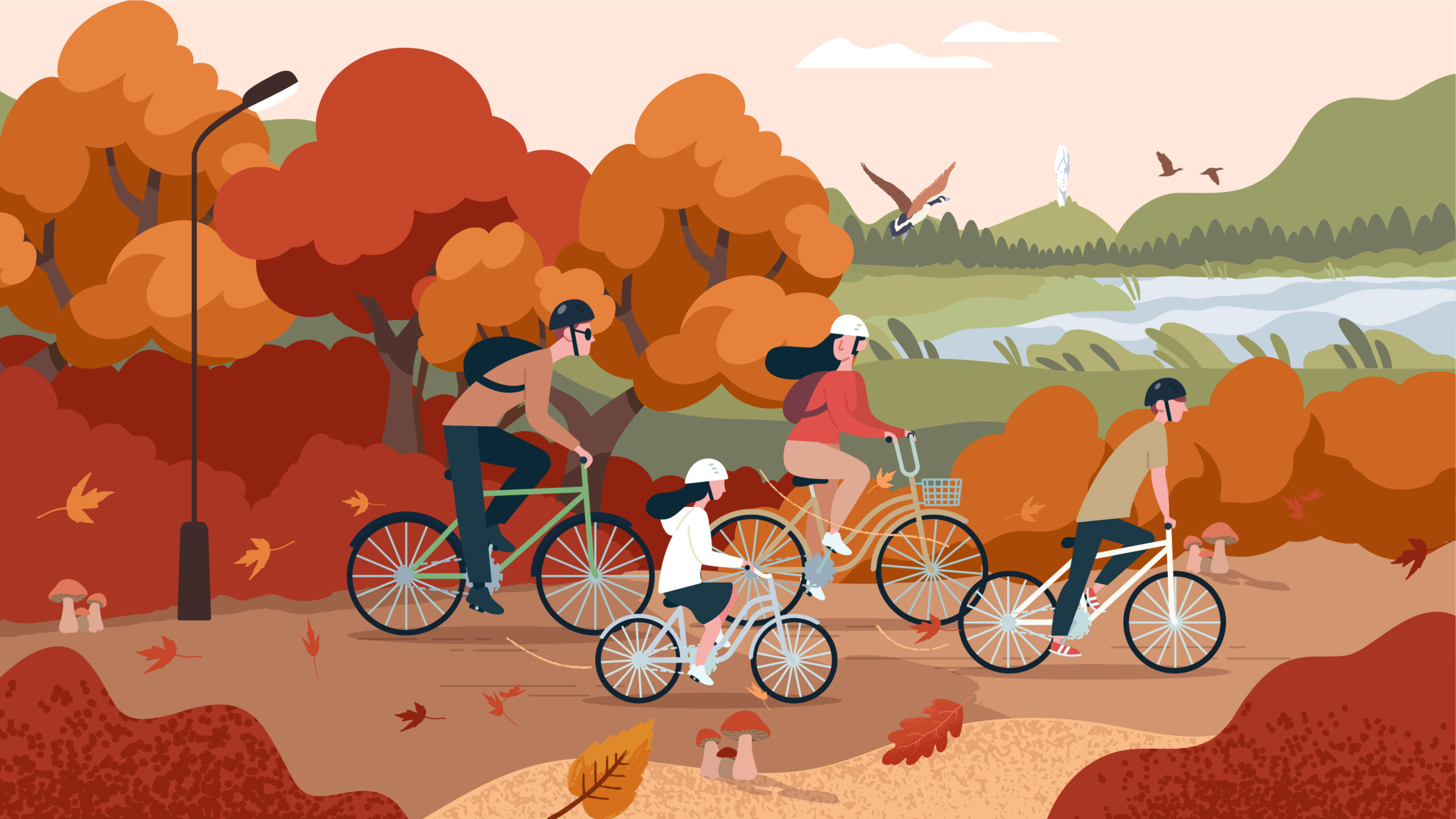 Illustration of family cycling through autumnal trees with water and birds in background