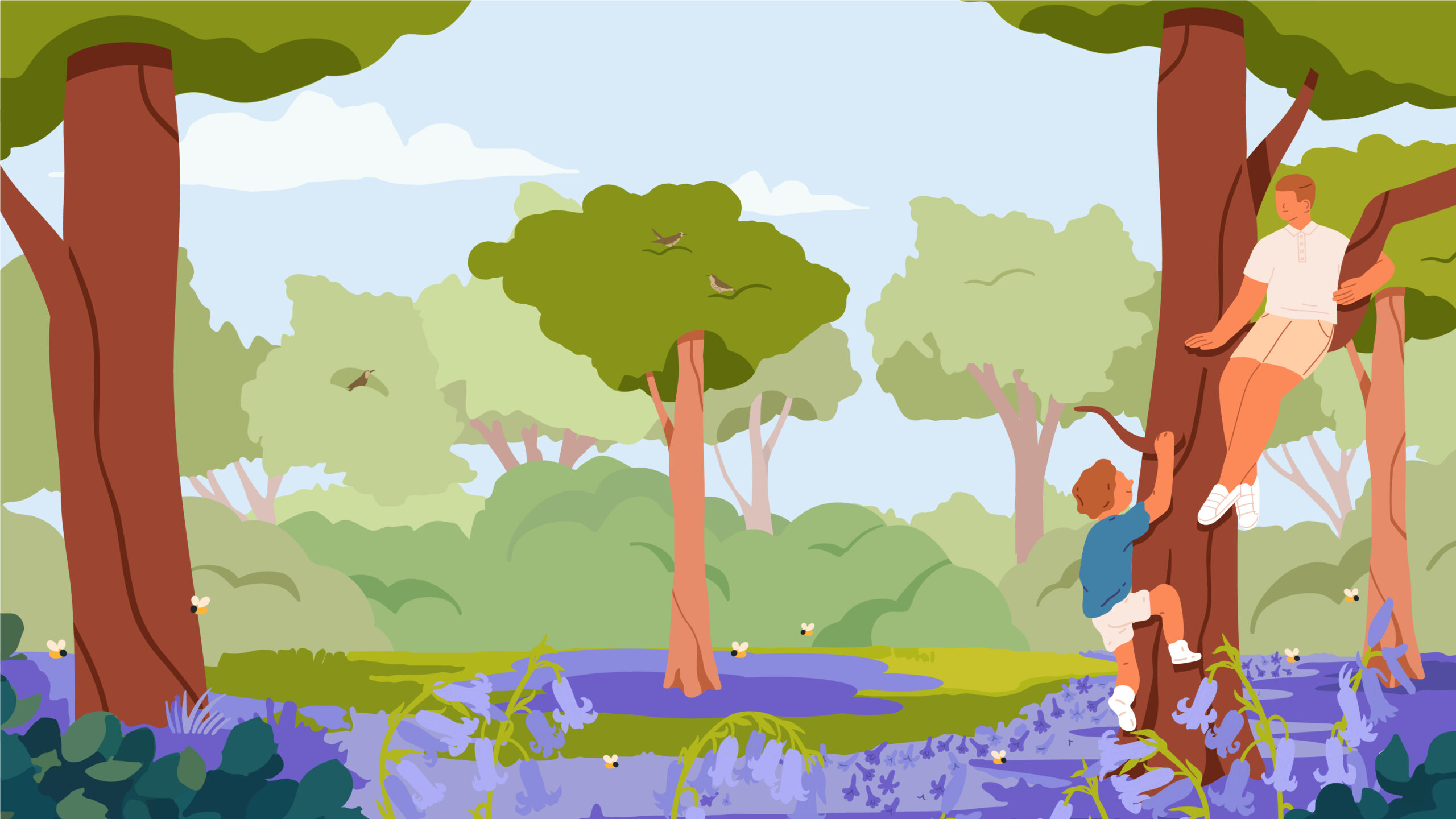 Illustration of children climbing trees with bluebells on the ground