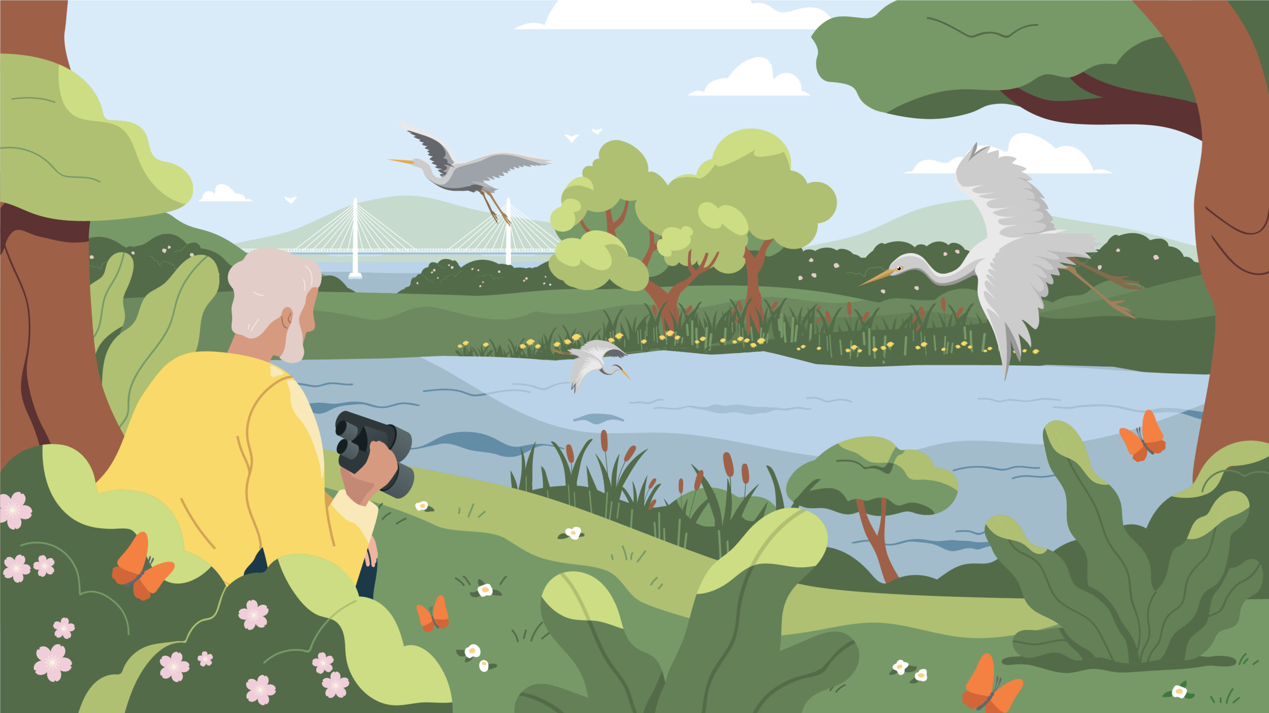 Person bird watching looking over a river with a heron flying overhead. Trees and foliage either side of the river.