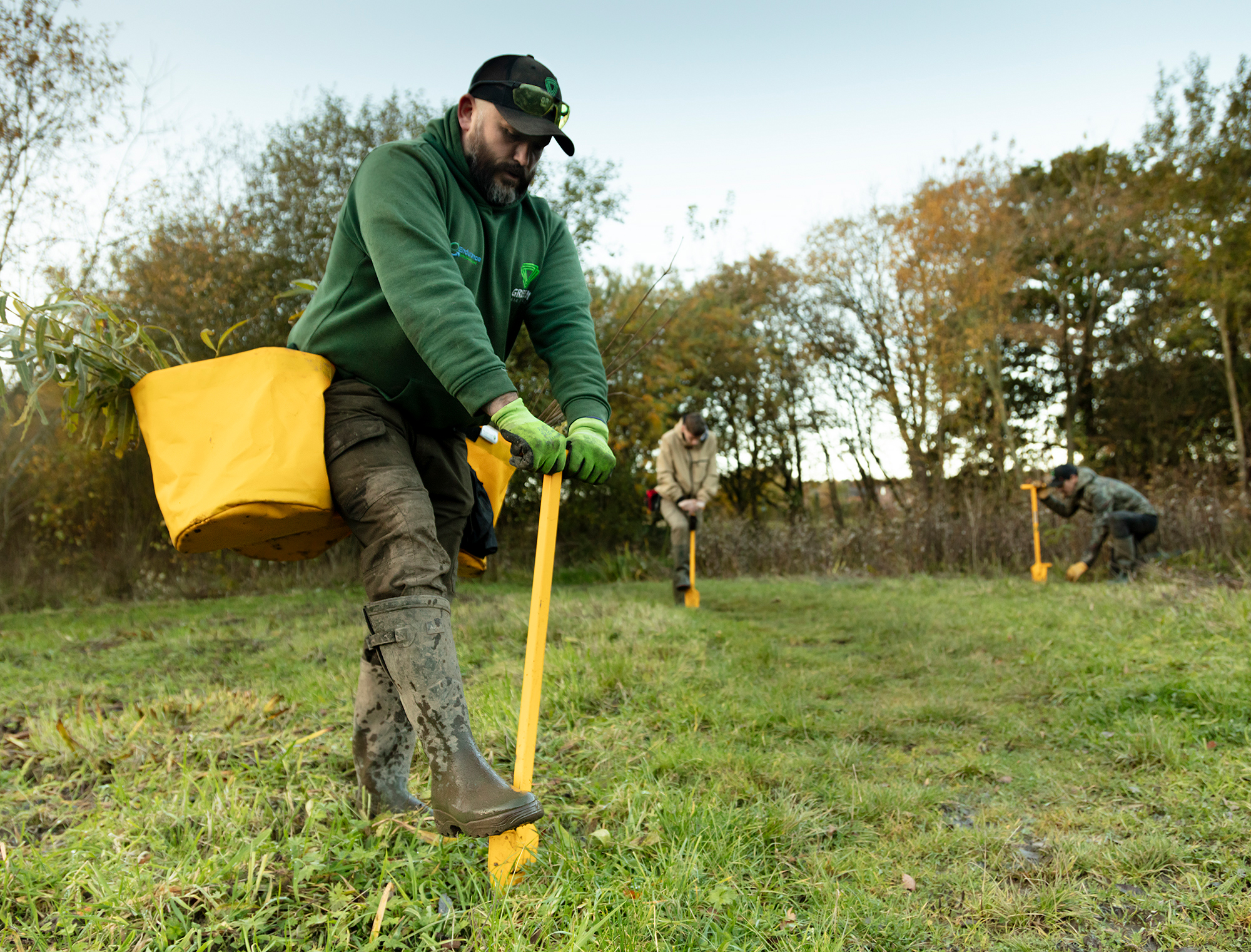 A person planting placing a spade in the ground, ready to plant a tree